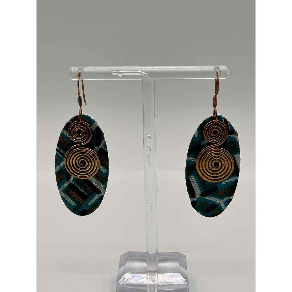 Artisan Fabric Brass Spiral Dangle Drop Earrings Teal Brown Geometric Boho 2"